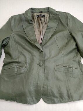 Pamela McCoy Genuine Leather Blazer Jacket Button Up Olive Green Women 1X New
